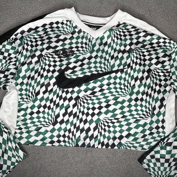 Nike Shirt Womens Medium Green Black Checkered Loose Fit Cropped Long Sleeve - Picture 2 of 14